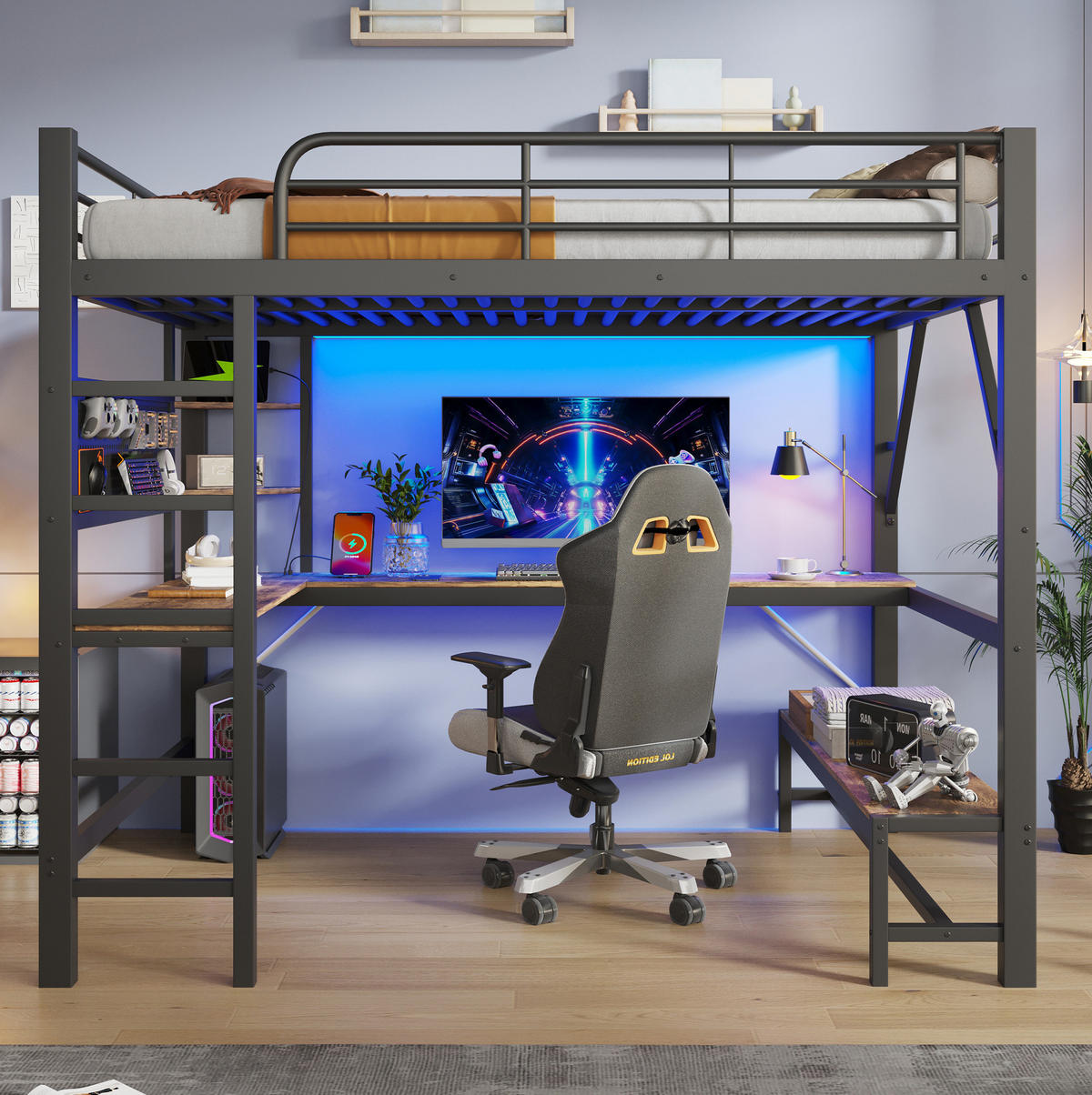 HOCHBETT aus Metall und MDF 160x200 cm Schwarz mit Schreibtisch, LED-Leiste und USB-Type-C-Anschluss - Schwarz, Metall (160/200cm) - Modfu