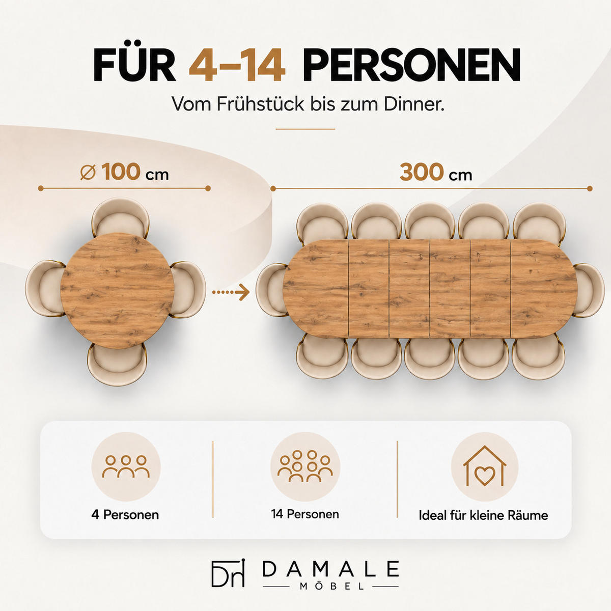 ESSTISCH rund ausziehbar 100-300/100/76 cm, Eiche Craft, 54 cm Tischplatte + X Metallbeine Weiß - Eichefarben/Weiß, Holzwerkstoff/Metall (100/100/76cm) - Damale Möbel