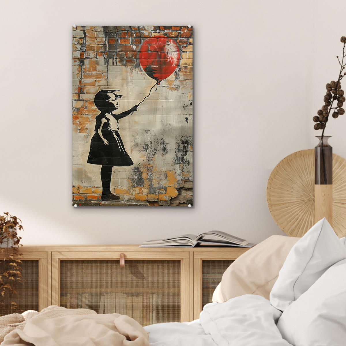 ACRYLGLASBILD Graffiti - Banksy - Mädchen - Straßenkunst 40x60 cm - Sandfarben, Glas (40/60cm) - MuchoWow