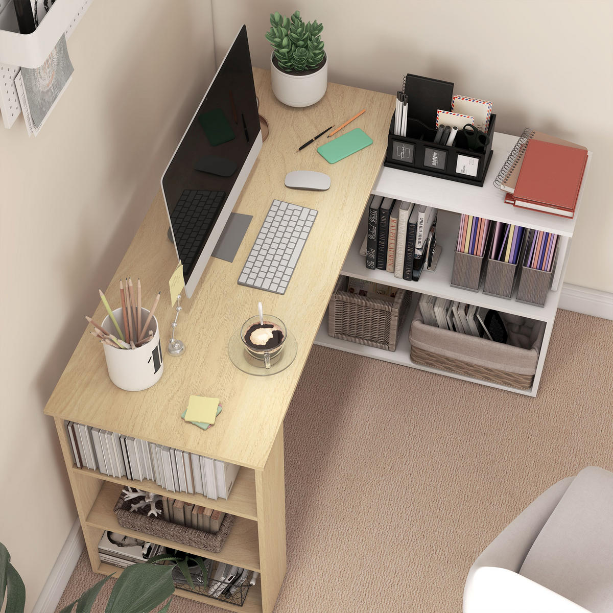 SCHREIBTISCH DE-14943 modulierbar mit 360°-Drehbücherregal Natur - Naturfarben, Holzwerkstoff (120/110/74.5cm) - ComfortXL