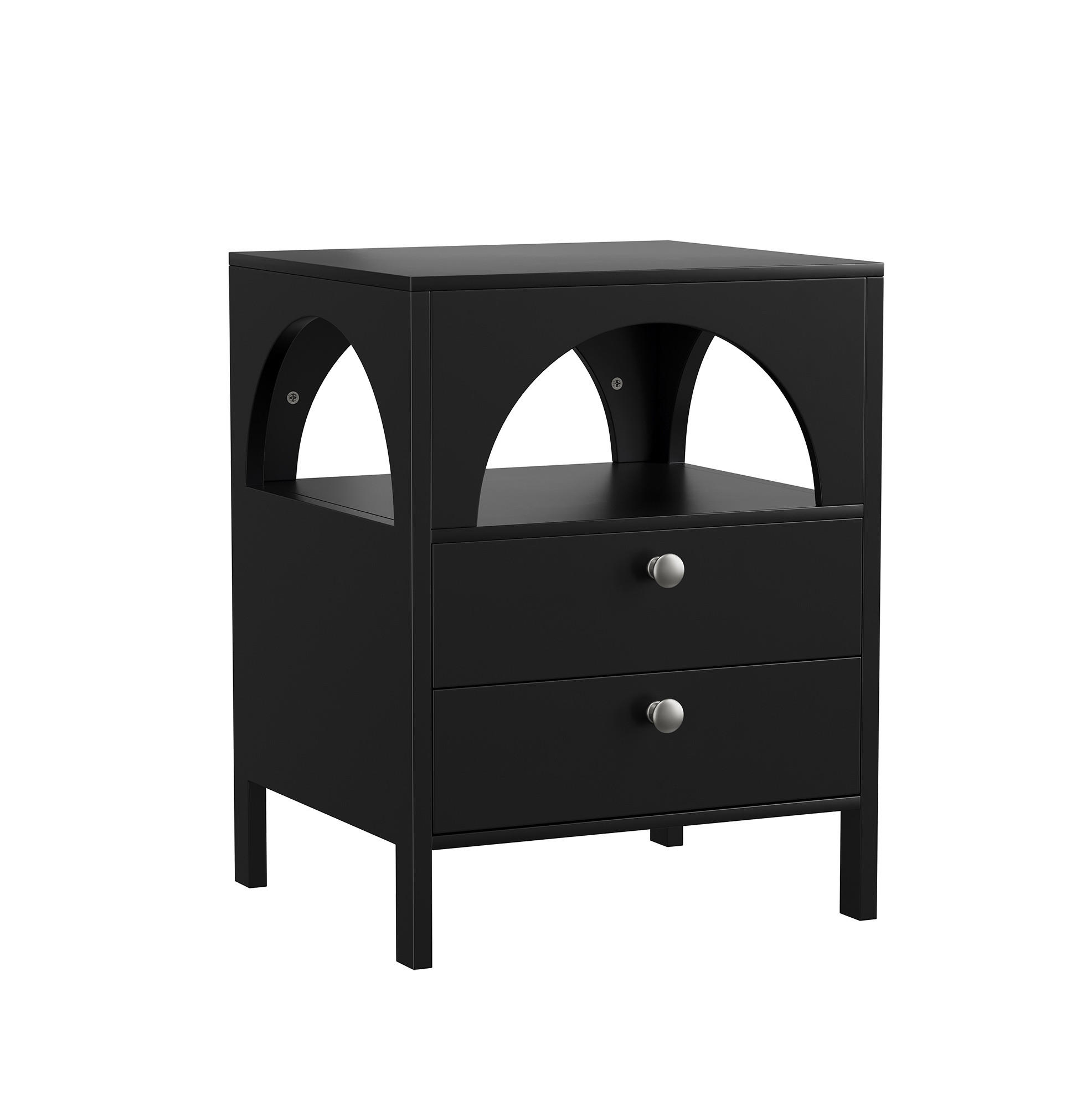 NACHTTISCH aus MDF 45x40x58 cm Schwarz mit 2 Schubladen und offenem Fach, vielseitiger Stauraum - Schwarz, Holzwerkstoff (45/58/40cm) - Modfu