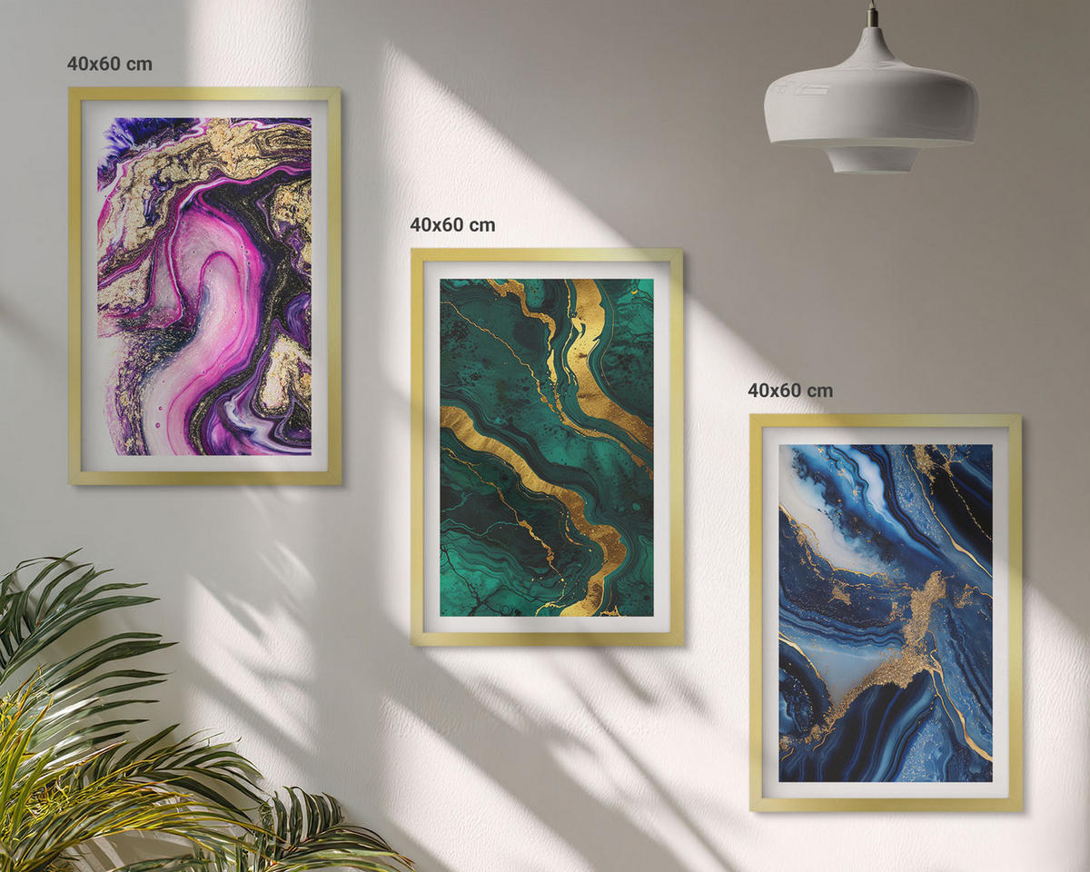 WANDBILDER 3er Set - 40x60 cm Goldrahmen - Abstrakte rosagrüne Muster - Goldfarben, Kunststoff (40/60cm) - ArtPrintCave