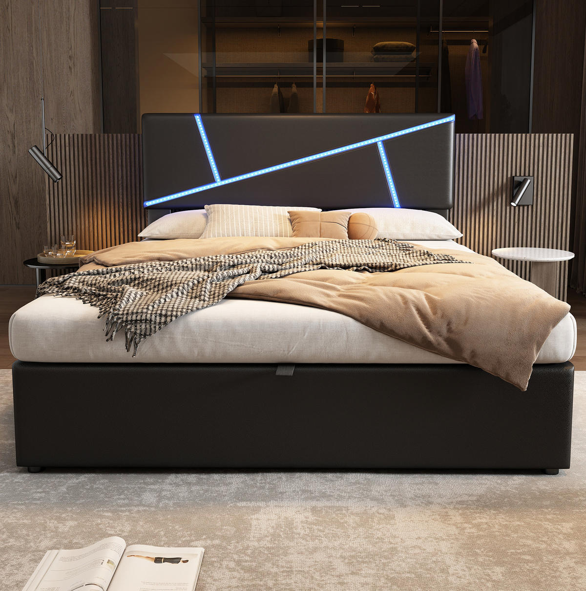 TAPECIRANI krevet 90/200 cm crni od PU-a s LED rasvjetom i spremištem - crna, plastika (90/200cm) - OKWISH