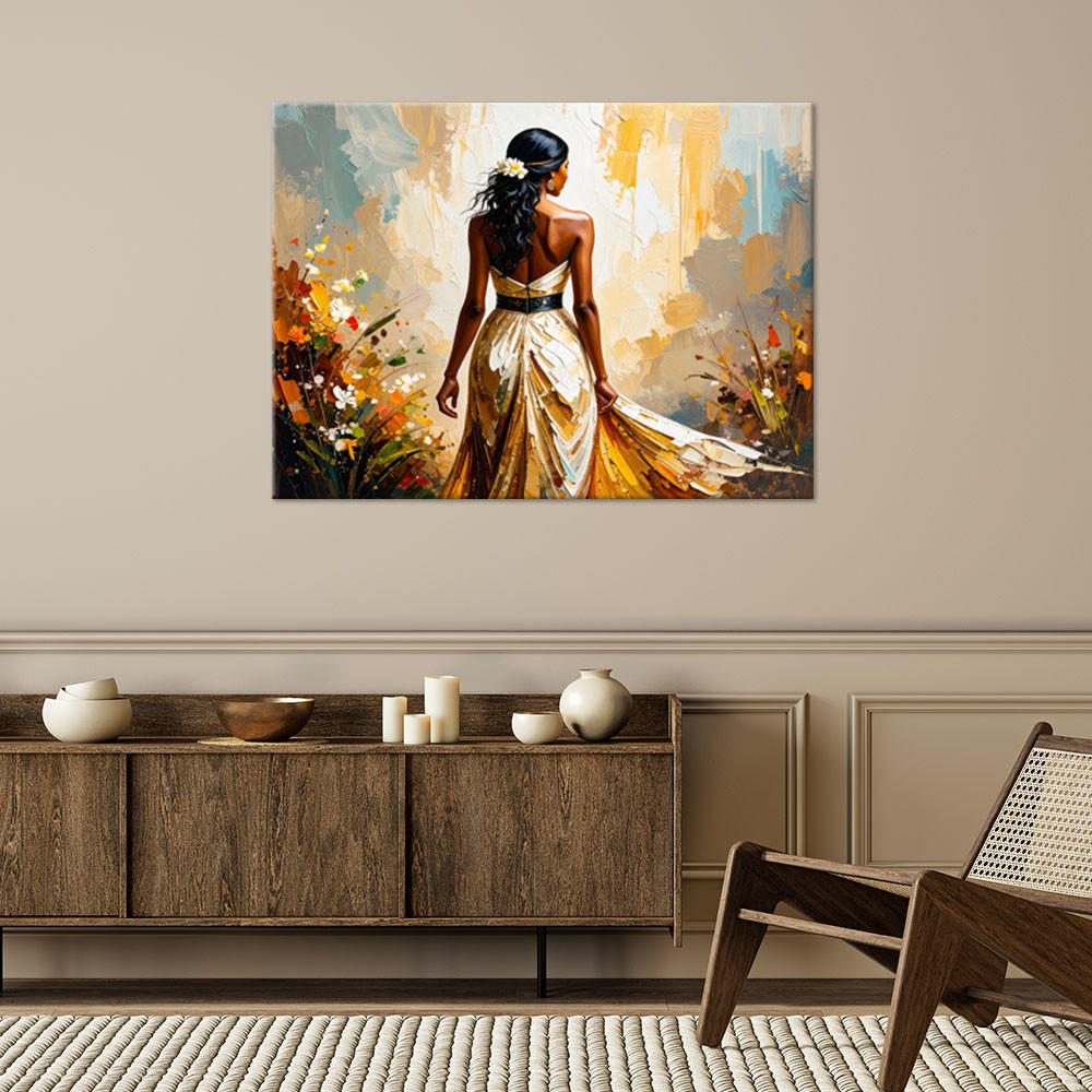 LEINWANDBILD Abstraktion Modische Frau im Kleid 120x80cm - Beige, Textil (120/80cm) - Feeby