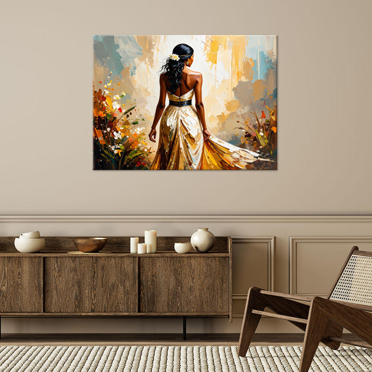 LEINWANDBILD Abstraktion Modische Frau im Kleid 120x80cm - Beige, Textil (120/80cm) - Feeby