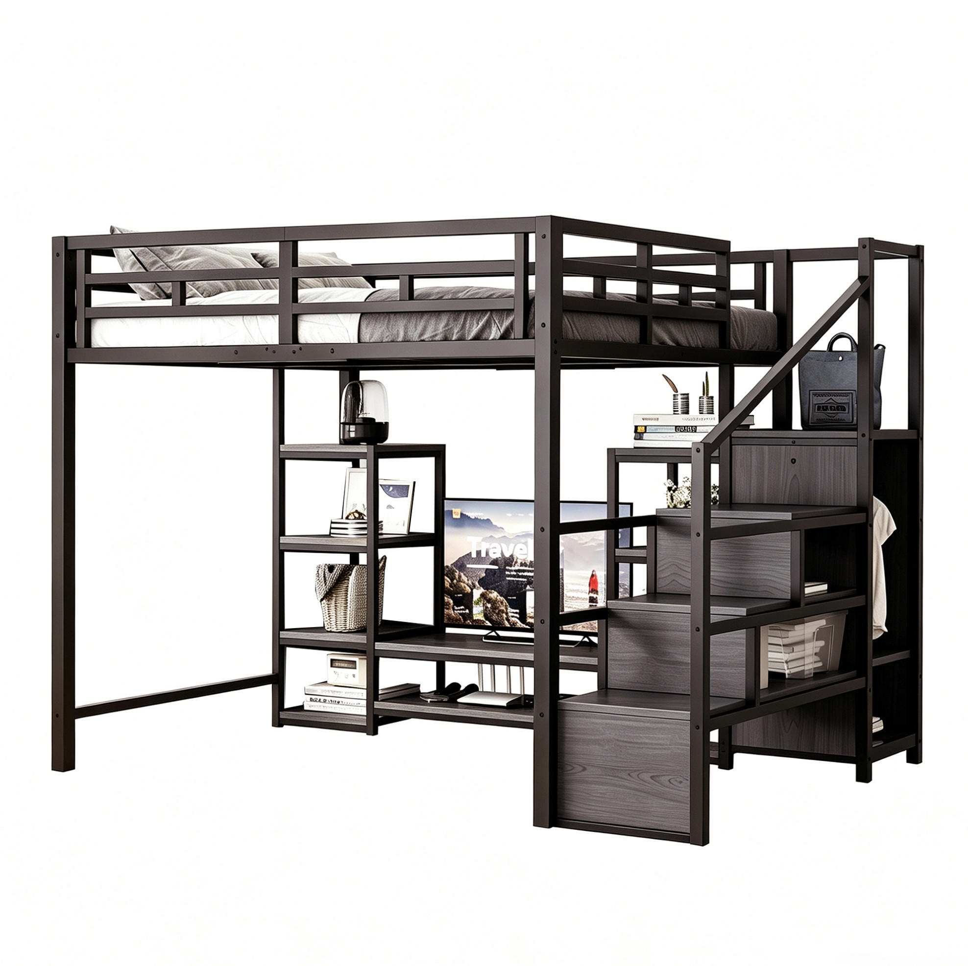 OKWISH PATROVÁ postel 140/200 cm černá z kovu a MDF s TV stolkem, zásuvkou a žebříkem