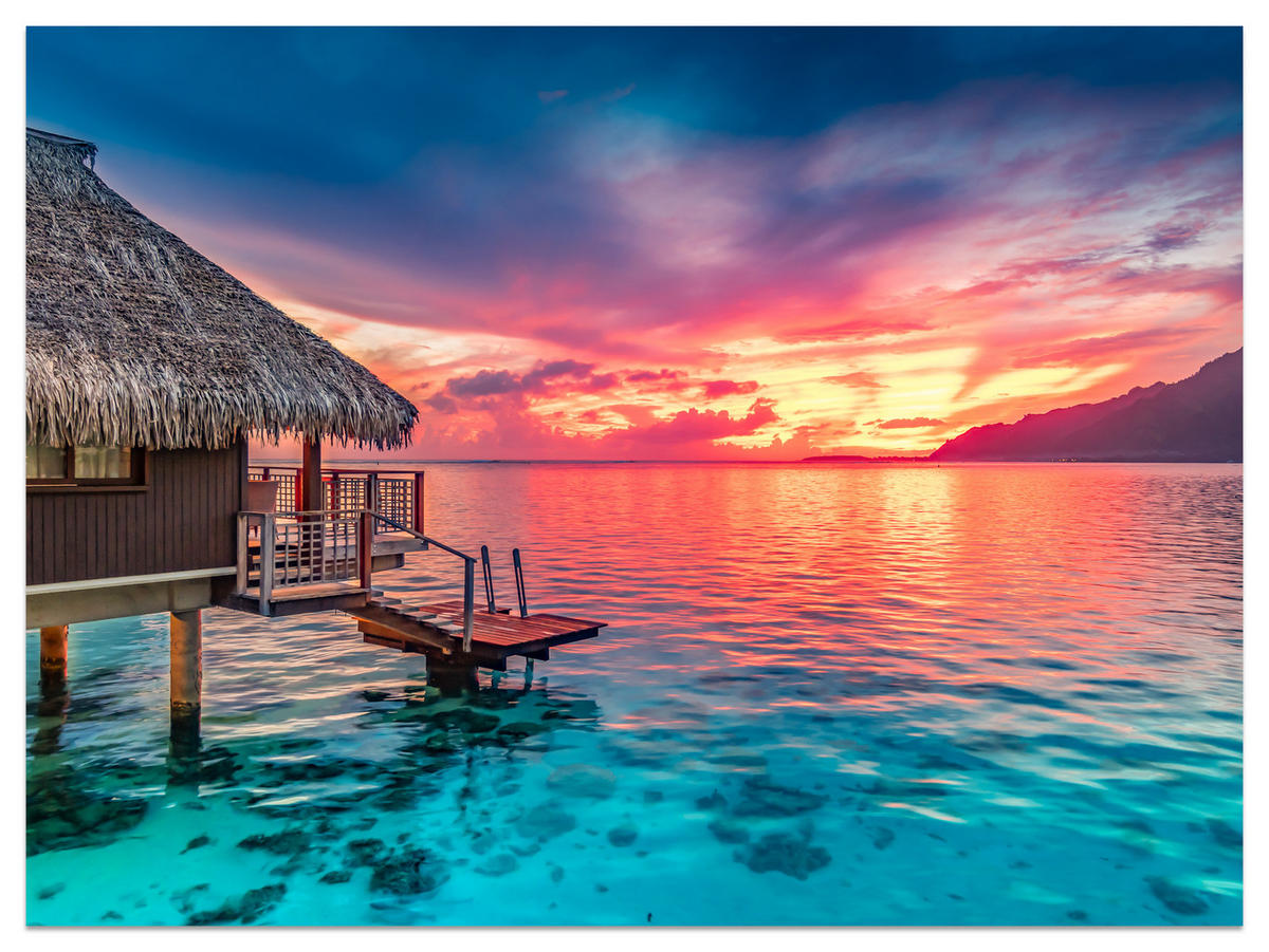 FOTOTAPETE für Wohnzimmer Sonnenuntergang Ozean Holzhütte 200x140 - Türkis/Blau, Papier (200/140cm) - Muralo