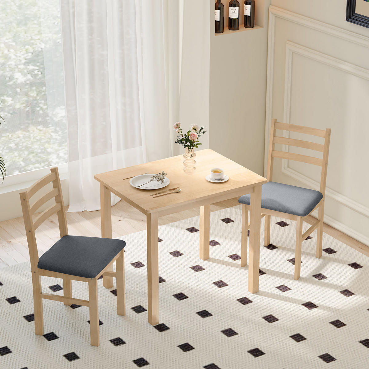 ESSGRUPPE 3er Set Kautschukholz MDF Naturholz - Naturfarben/Grau, Holz/Textil (60/74.5/80cm) - HOMCOM