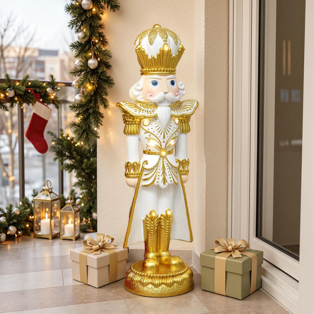 HOMETOPIA Nussknacker Figur 91 cm, Weihnachtsdeko mit 8 LEDs, Timer, MgO - Goldfarben, Naturmaterialien (25/91/29cm) - Hometopia