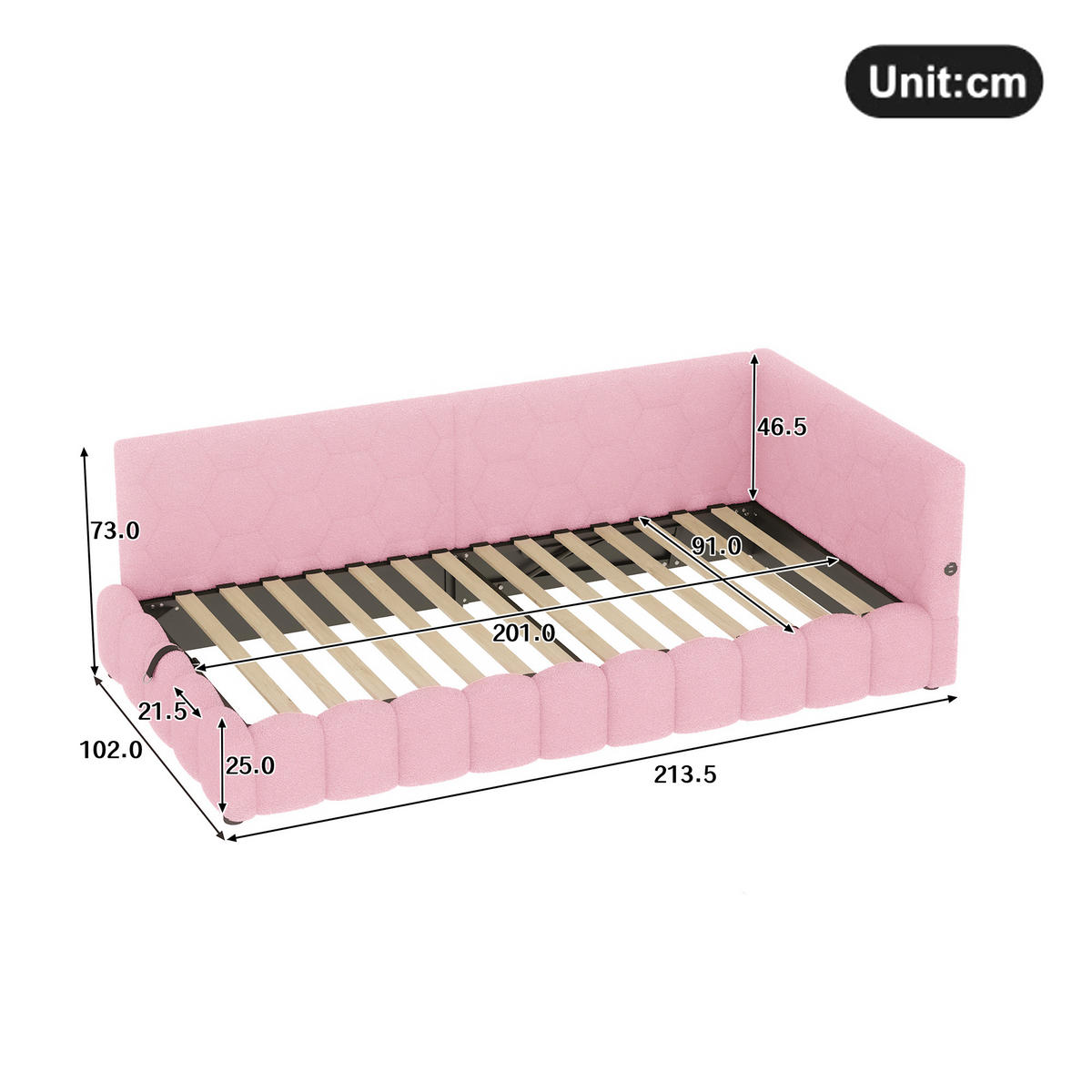 KINDERBETT 90x200cm mit Lattenrost (ohne Matratze)，mit LED-Lichtleiste- Rosa - Pink, Holz/Textil (90/200cm) - KOMHTOM