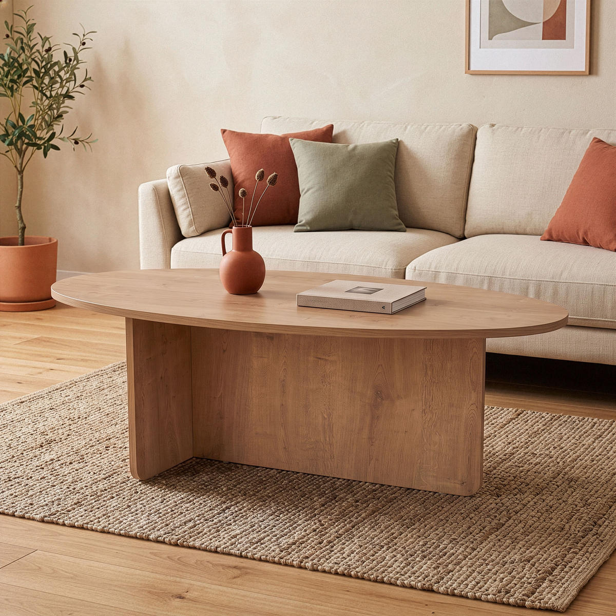 COUCHTISCH mit ovaler Platte L125 cm 65/120/40 cm - Eichefarben, Holzwerkstoff (70/65/40cm) - Calicosy