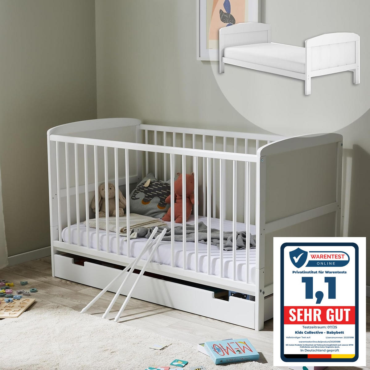 BABYBETT 70x140 cm mit Schublade in weiss - Weiß, Holz (70/140cm) - Kids Collective