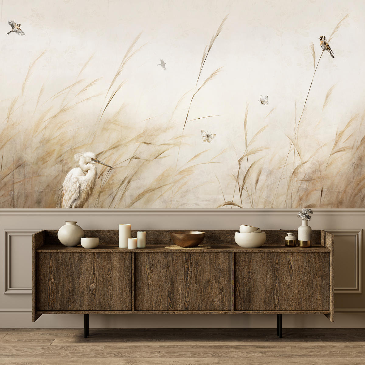 FOTOTAPETE für Schlafzimmer Vögel Storch Hohe Gräser Aquarell 150x105 - Beige/Gelb, Papier (150/105cm) - Muralo