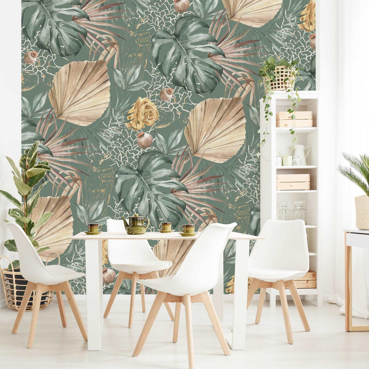 FOTOTAPETE Große Blätter mit Rosen vor Grün 288/288 cm - Grün, Papier (288/288cm) - Bilderwelten