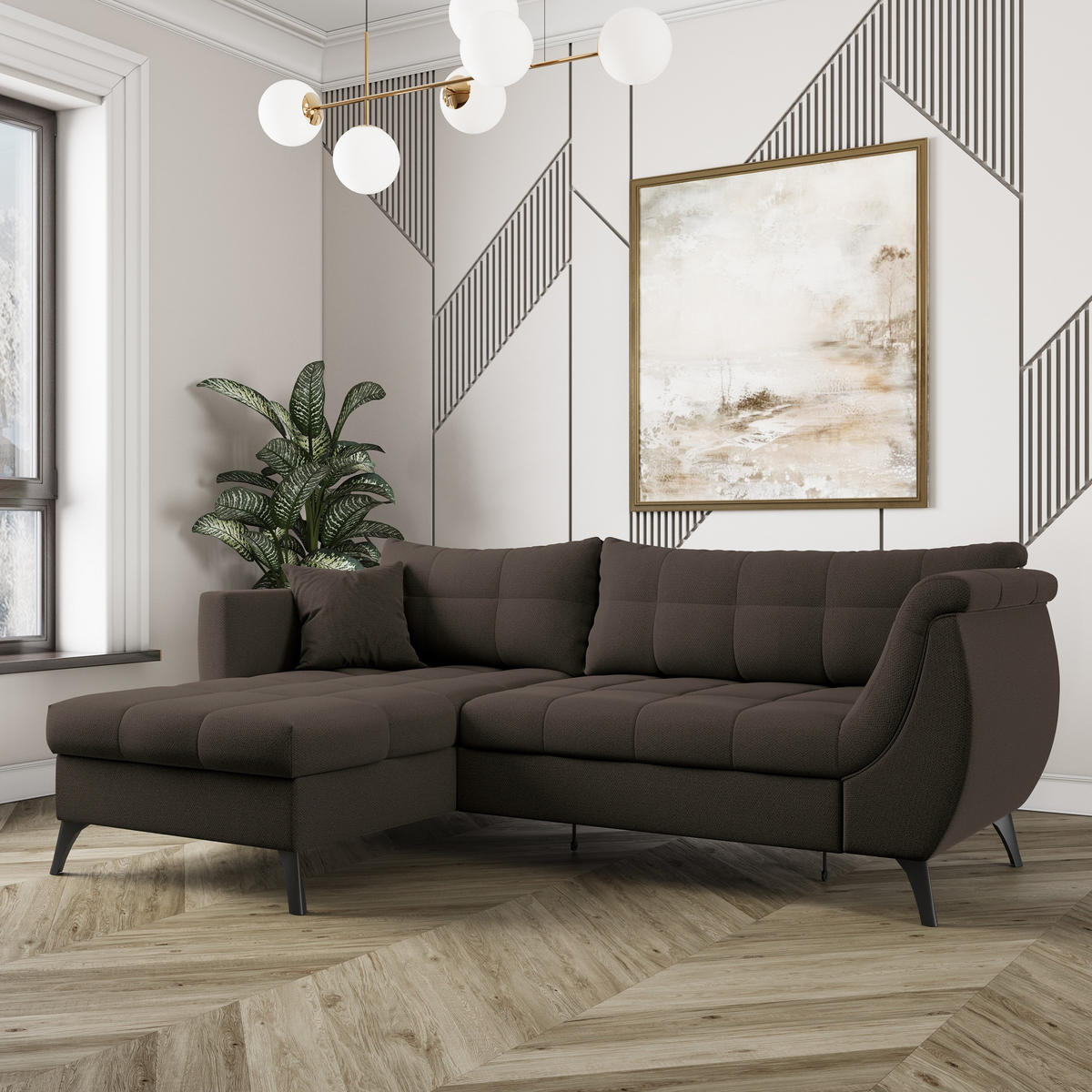 ECKSOFA MOLLIS Braun Geflochtener-Stoff mit Schlaffunktion - Braun, Holz (241/154cm) - MASSENO