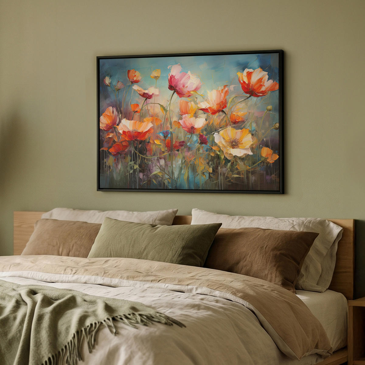 LEINWAND Bilder mit Rahmen - Blumen - Aquarell - Kunst - Botanisch - Natur - 80x60 - Orange, Textil (80/60cm) - MuchoWow