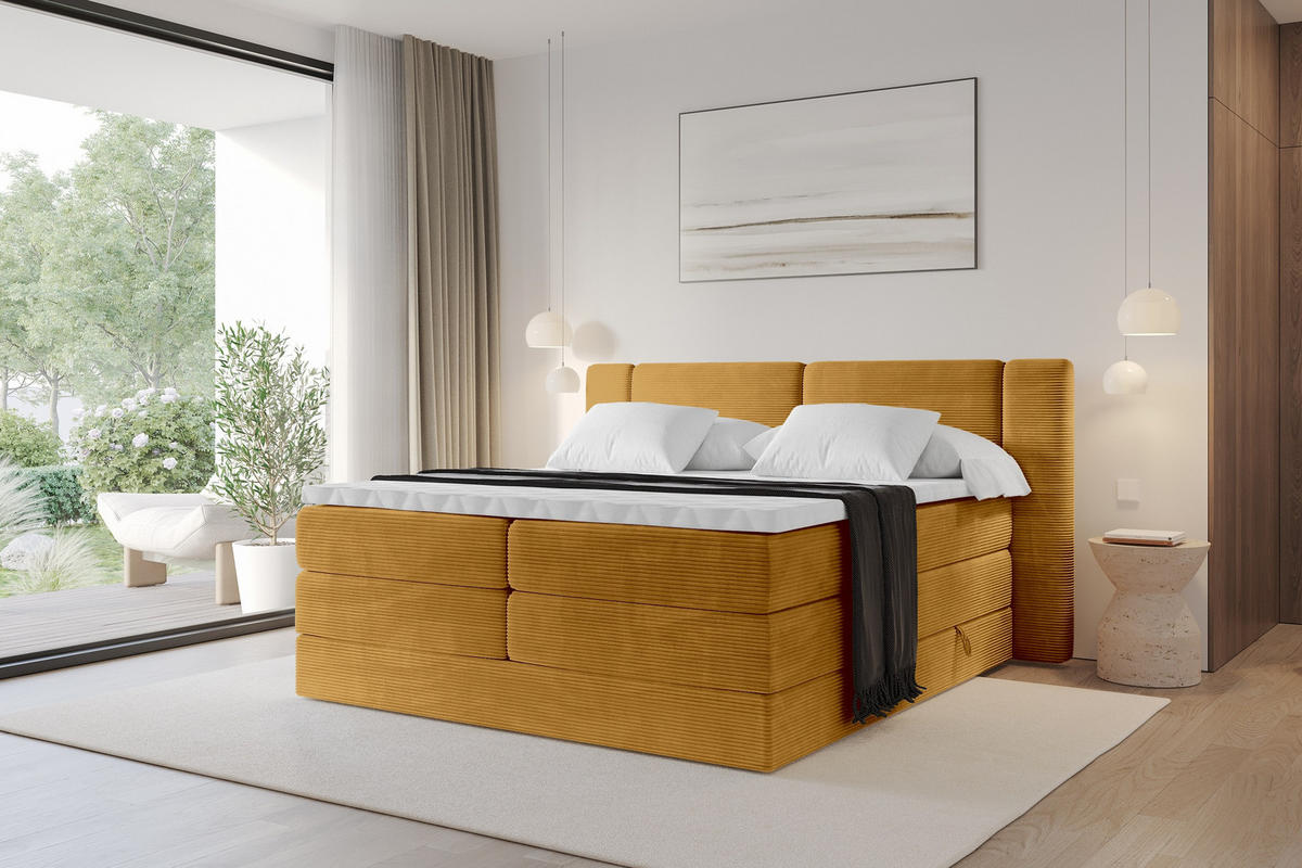 BOXSPRINGBETT mit Matratze H3/H4 - EVON KING - 140x200 cm Senfgelb - Dunkelgelb, Holzwerkstoff (140/200cm) - ALTDECOR