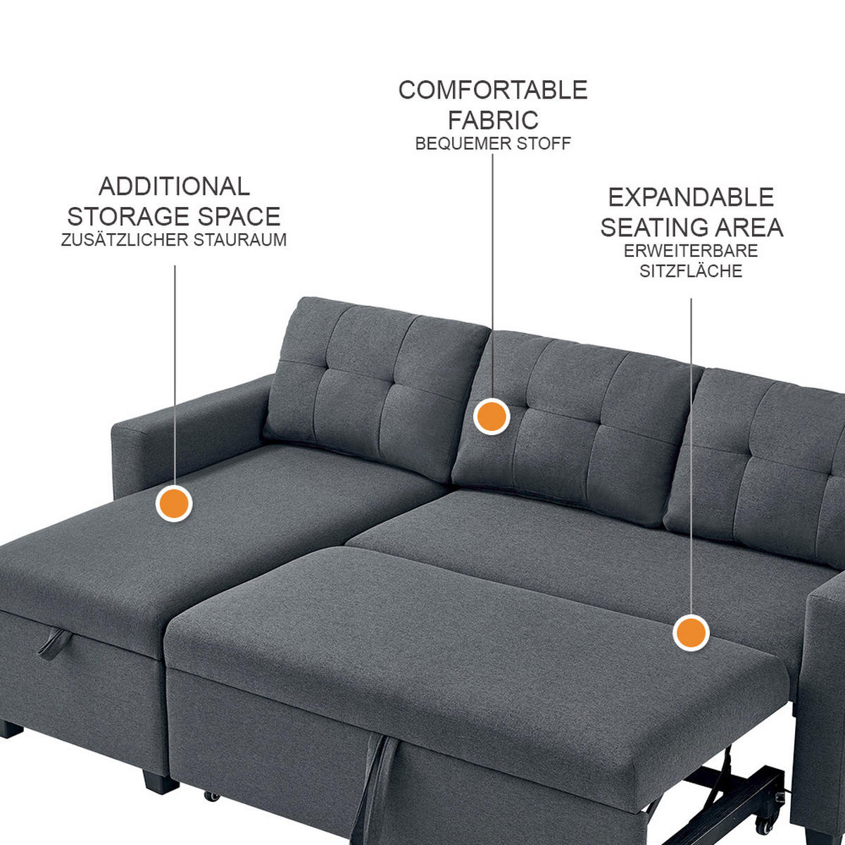 SOFA L FORM Campina Grau 226 x 163 cm mit Schlaffunktion - Grau, Holz (226/163cm) - VitaliSpa