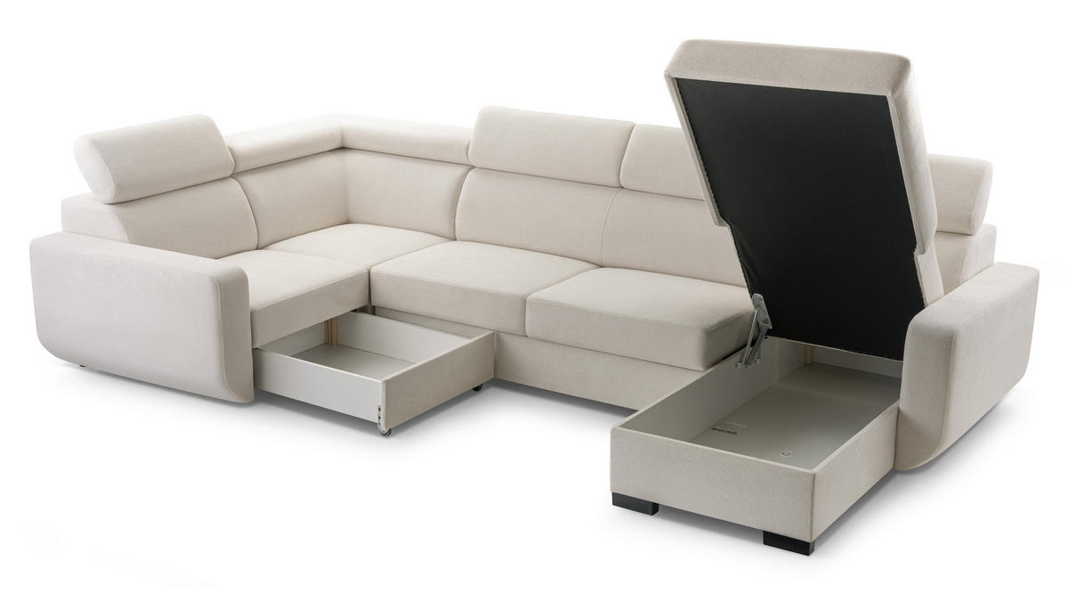 WOHNLANDSCHAFT CASTELLO Beige Plüsch-Stoff mit Schlaffunktion - Beige, Holz (337/97/184cm) - MASSENO