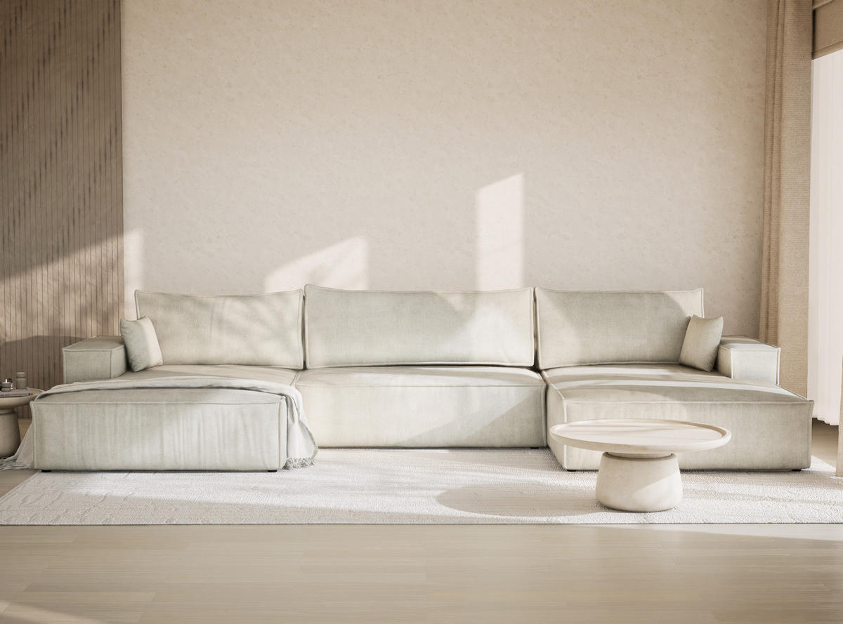 WOHNLANDSCHAFT Kyoto Creme Webstoff - Creme/Schwarz, Holz/Holzwerkstoff (398/70/148cm) - Maison de Reve