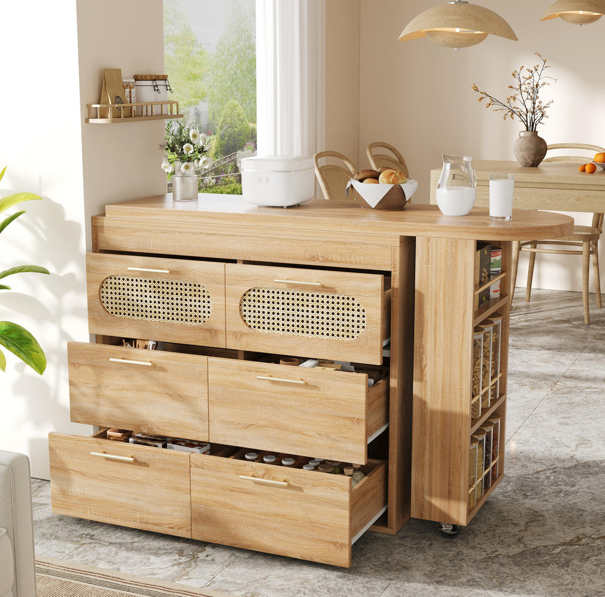 BARTISCH 128-203/39/90 cm drehbar mit 6 Schubladen, Ablagefach und Kippsicherung, MDF mit PE-Rattan, Natur - Naturfarben, Holzwerkstoff (39/203/90cm) - Redom