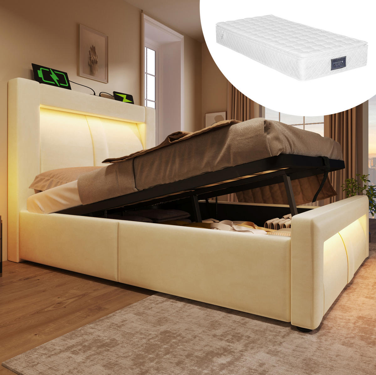 SAMT-POLSTERBETT 90/200 cm mit Bettkasten, LED-Beleuchtung und gepolstertem Kopfteil - Beige, Textil (90/200cm) - BEAOK