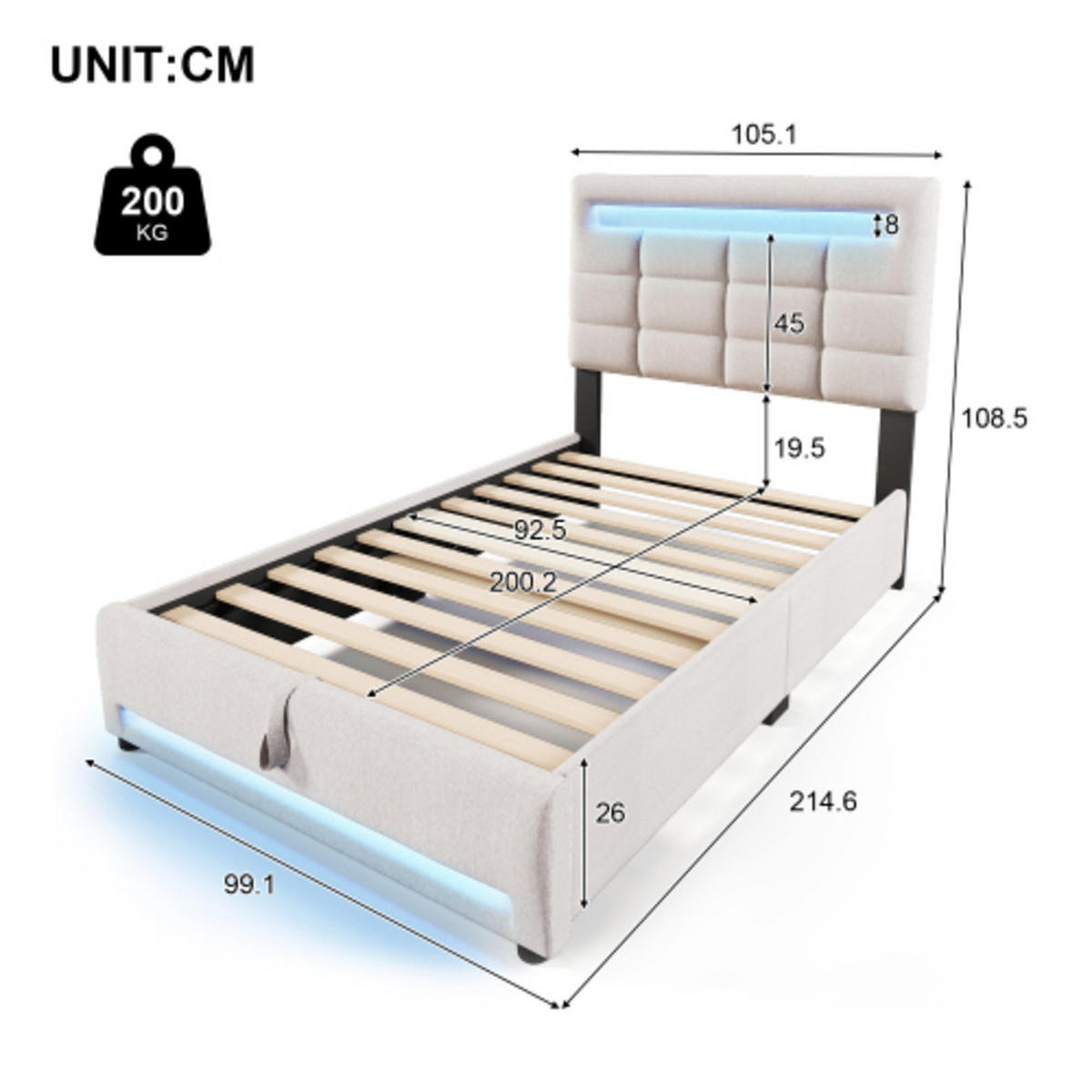 POLSTERBETT 90 × 200 cm mit Leinenbezug, hydraulischem Stauraum, 16-Farben-LED-Leiste und USB-Anschluss, beige - Beige, Textil (90/200cm) - Luhomfu
