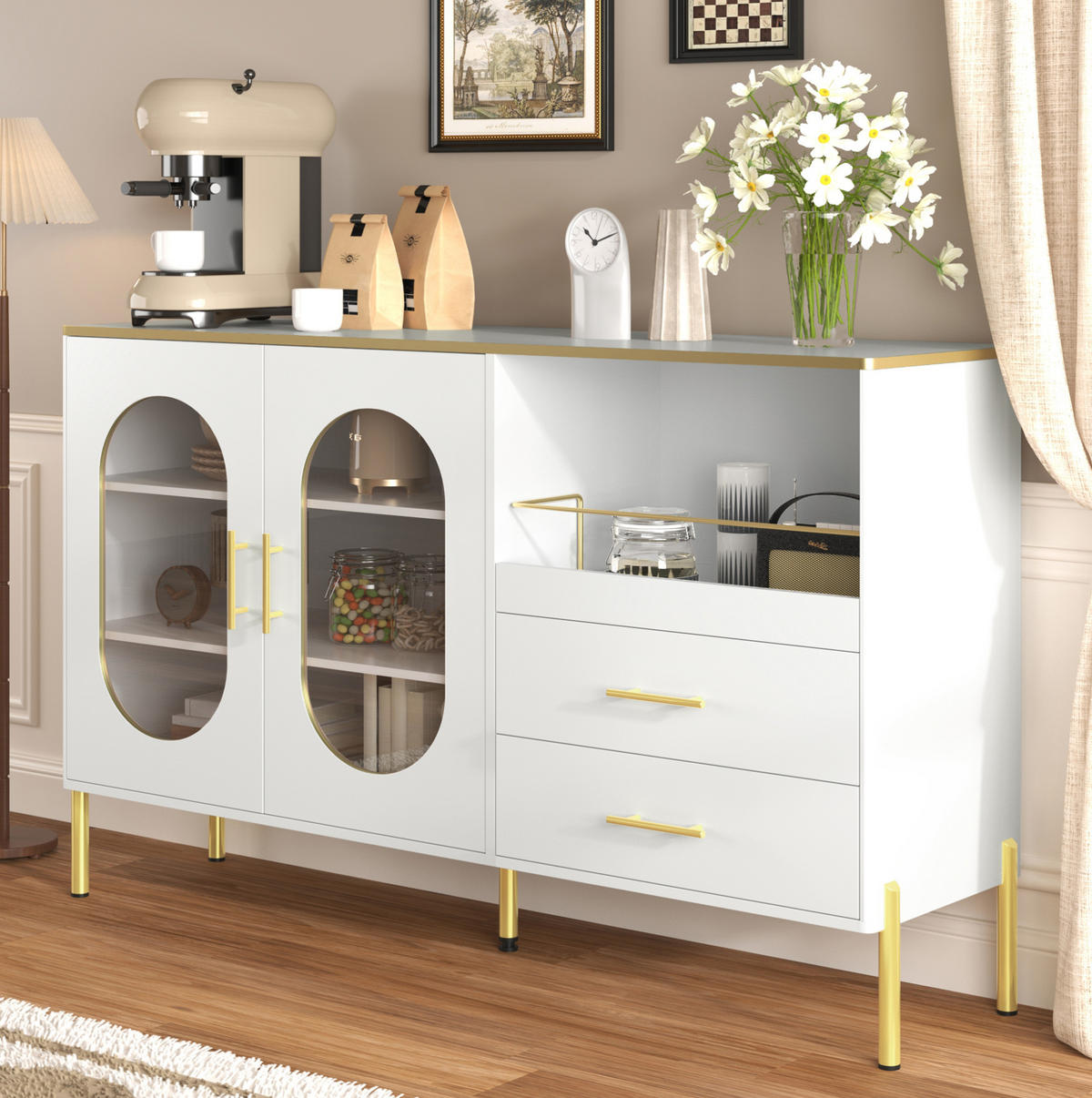 SIDEBOARD in Weiß mit goldenen Griffen und Beinen, 2 Schubladen und 2 Glastüren, 140/38/90 cm, Weiß - Weiß, Holzwerkstoff (120/90/38cm) - Redom