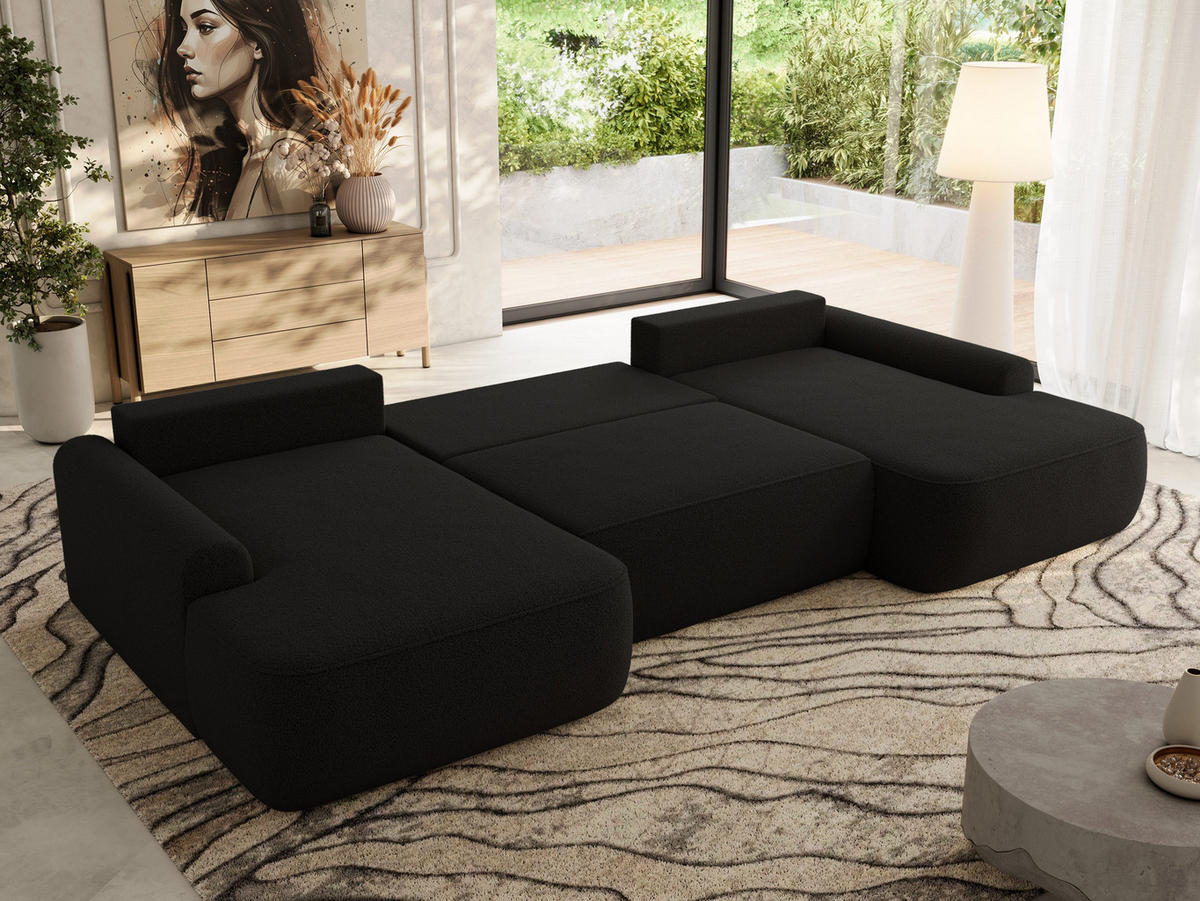 WOHNLANDSCHAFT CUBO U Schwarz Boucle - Schwarz, Kunststoff/Textil (370/100/187cm) - MKS