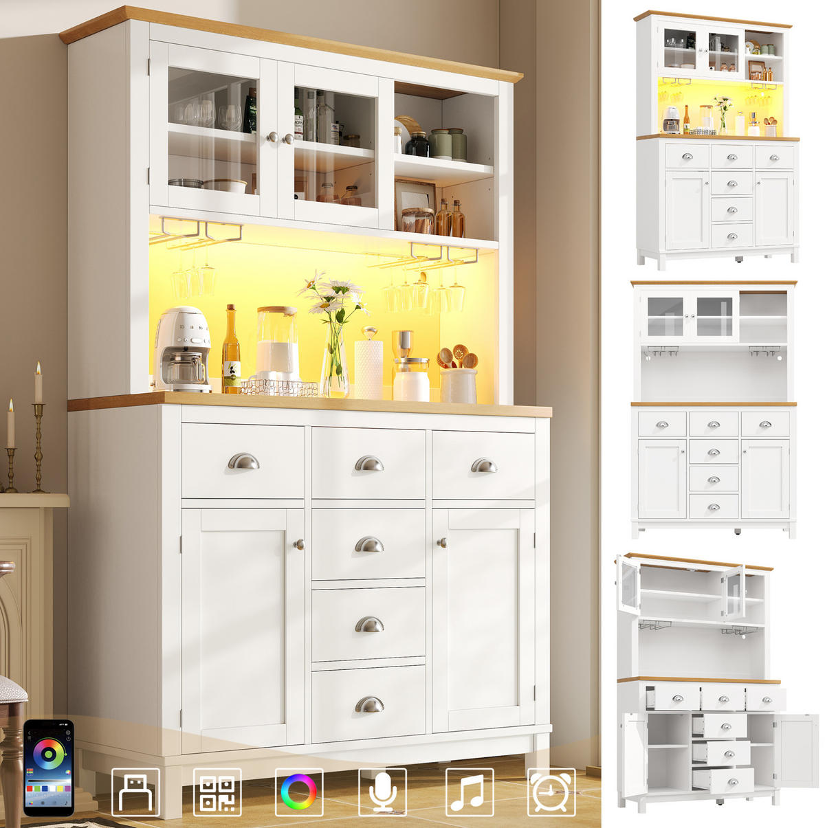 BUFFETSCHRANK 104/40/180 cm Weiß aus MDF mit LED-Lichtleiste - Weiß, Holzwerkstoff (104/180/40cm) - OKWISH