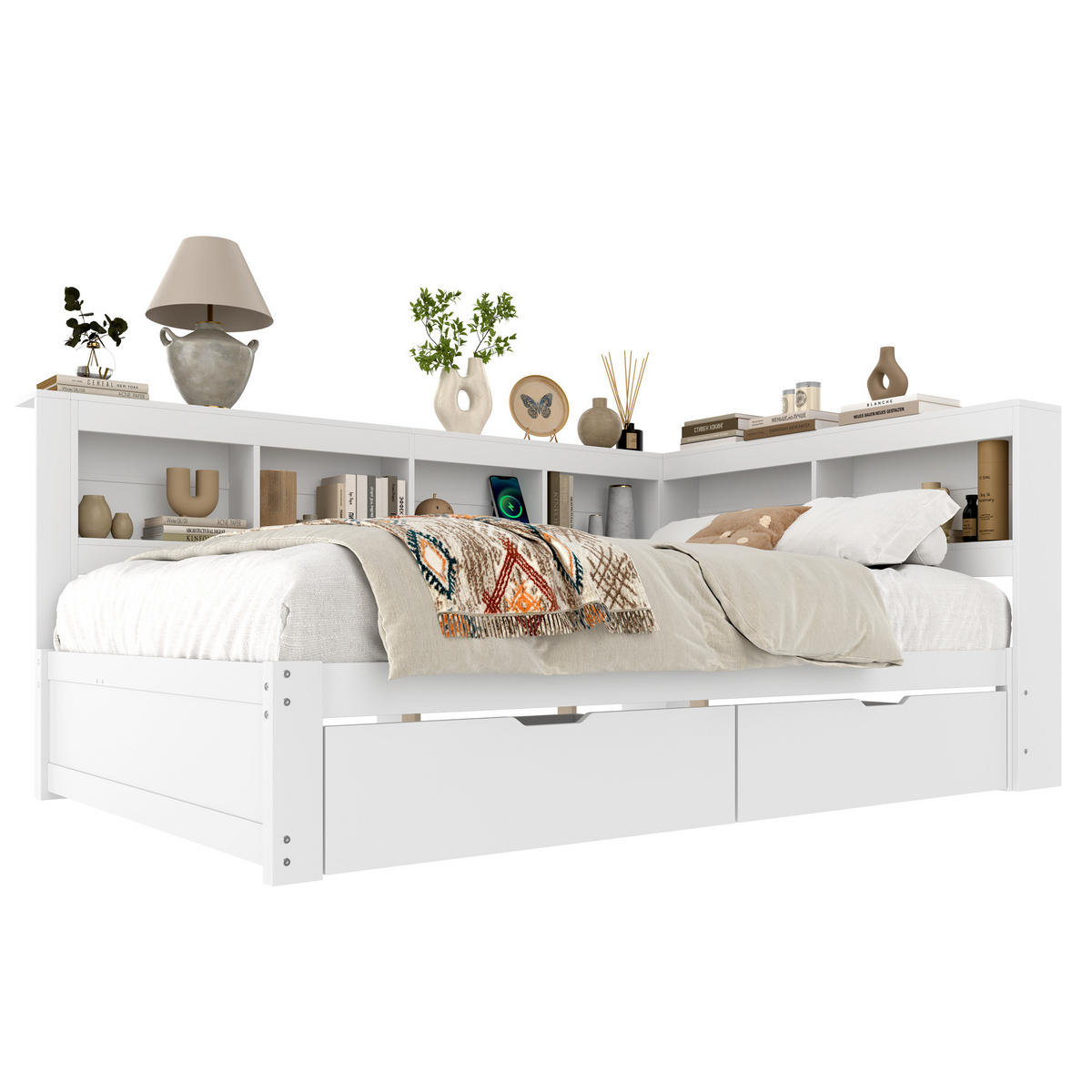 POLSTERBETT 140/200 cm mit 2 Schubladen, Ablagefächern, Steckdose und 2 USB-Anschlüssen, Weiß - Weiß, Holzwerkstoff (140/200cm) - Redom