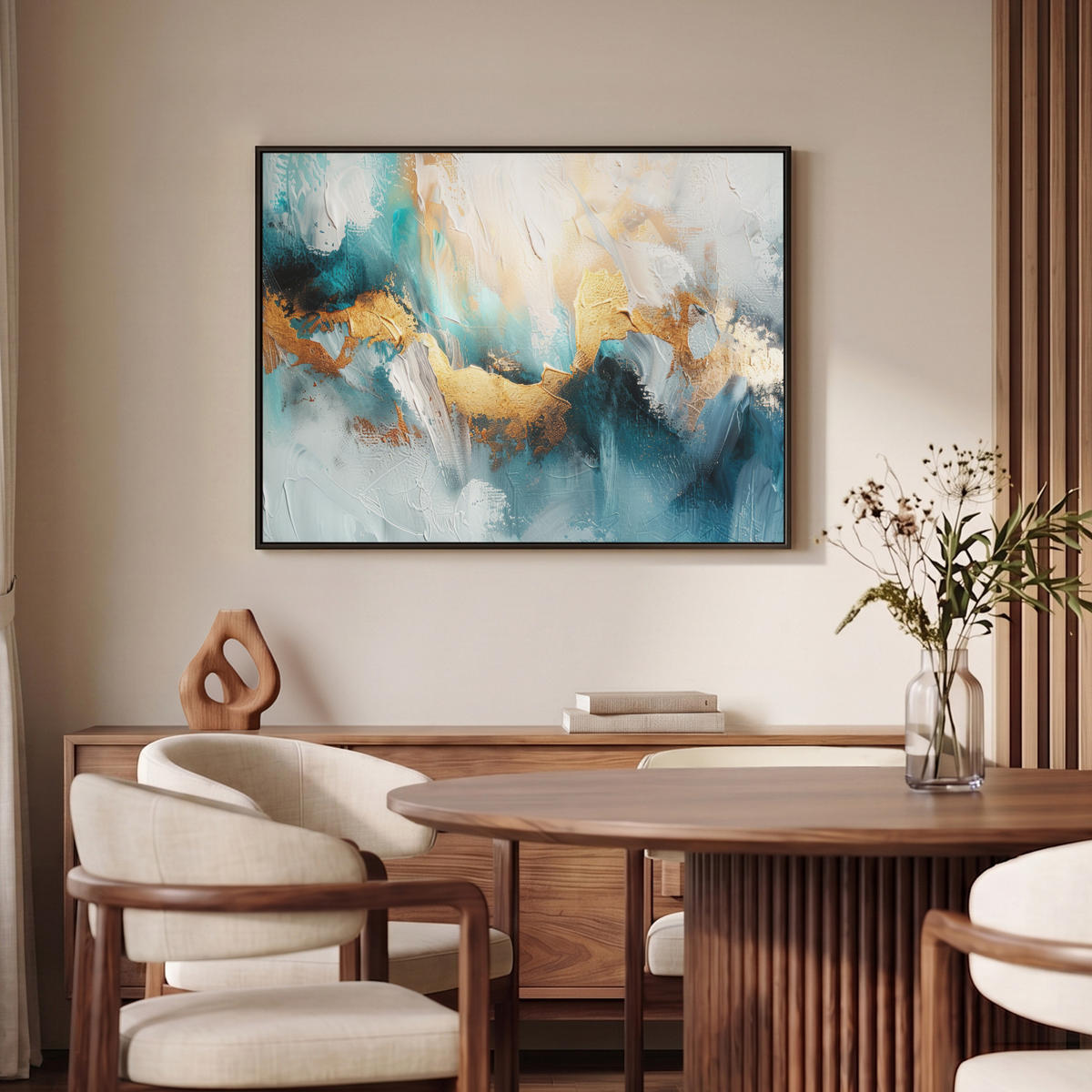 LEINWAND Bilder mit Rahmen - Abstrakt - Kunst - Gold - Blau - 100x70 - Petrol, Textil (100/70cm) - MuchoWow