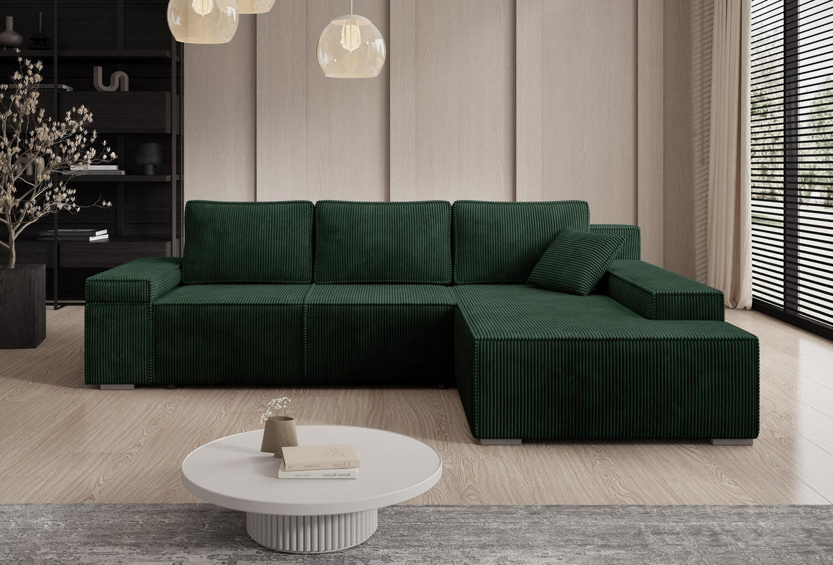 ECKSOFA Milo mit Schlaffunktion und Bettkasten, Couch L-Form, Cord-Stoff, 273x85x185 cm, Grün - Grün, Holz (273/185cm) - PROMETO Möbel