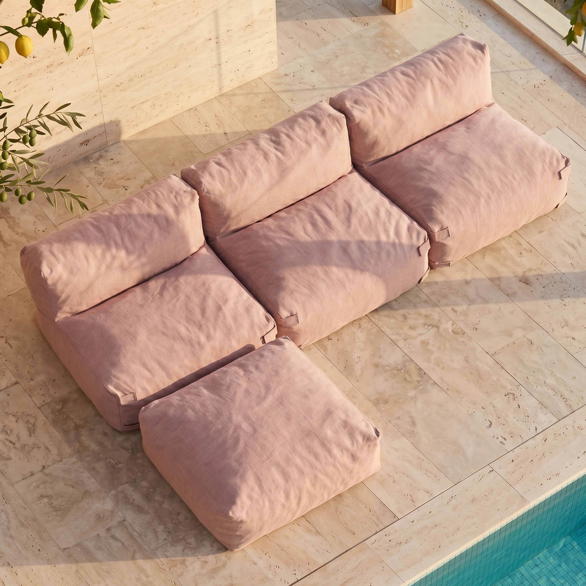 GARTENSOFA mit 4 Sitzplätzen, Puderrosa - Pink, Textil - Oviala