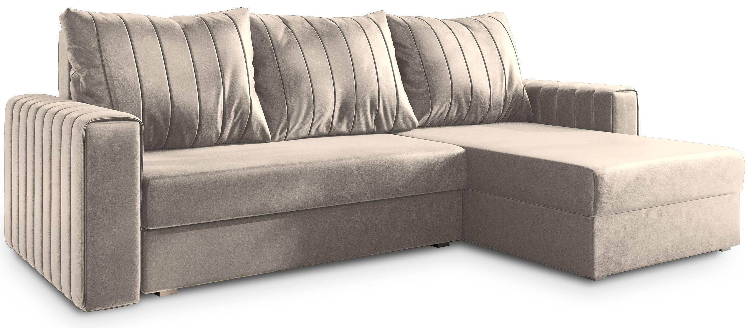 ECKSOFA CARL Beige Plüsch-Stoff mit Schlaffunktion - Beige, Holz (236/150cm) - MASSENO
