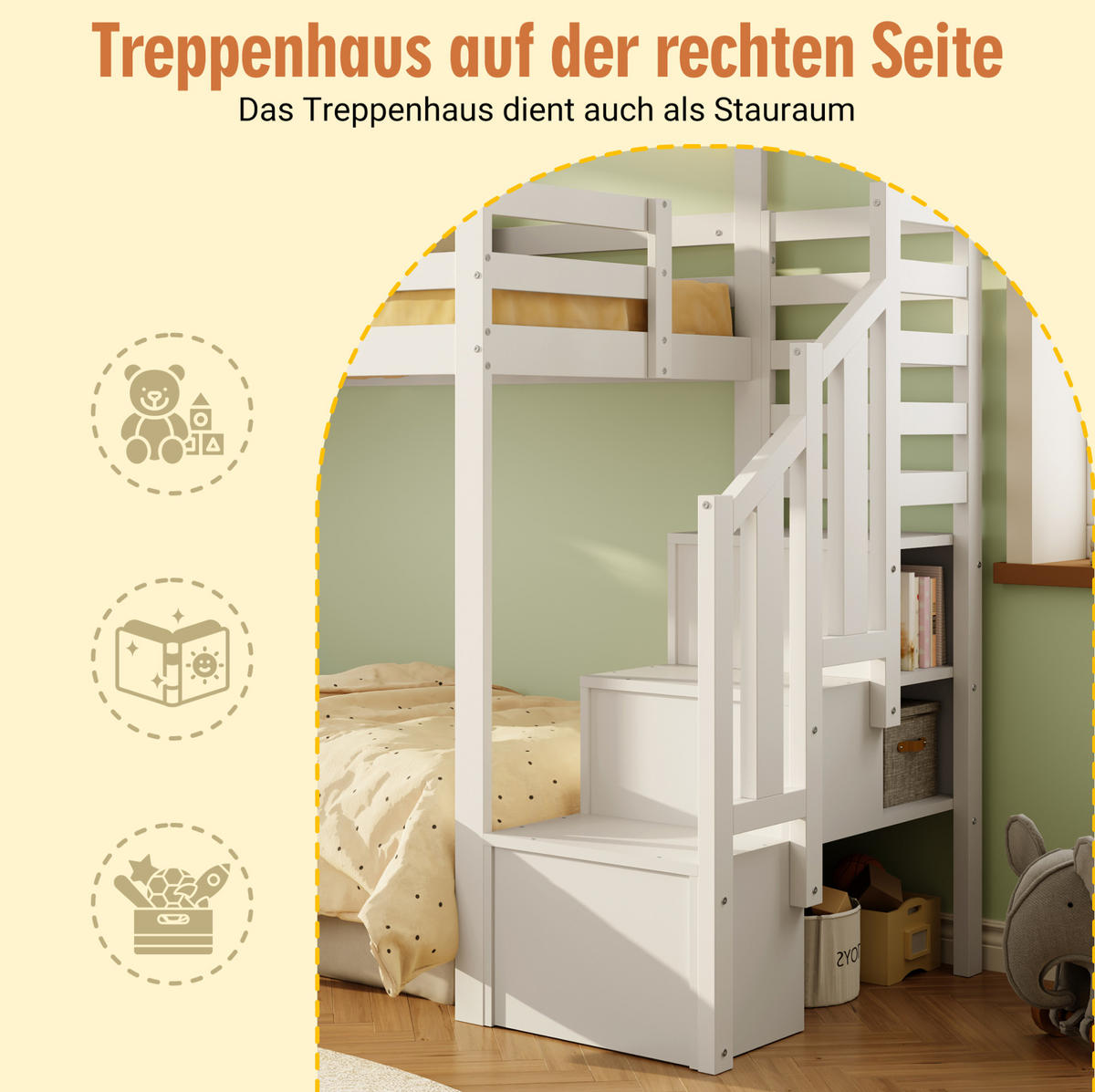 KINDEREINZELBETTEN aus Massivholz 90x200 cm in Weiß mit Stauraumtreppe & Fenster - Weiß, Holz (90/200cm) - Modfu