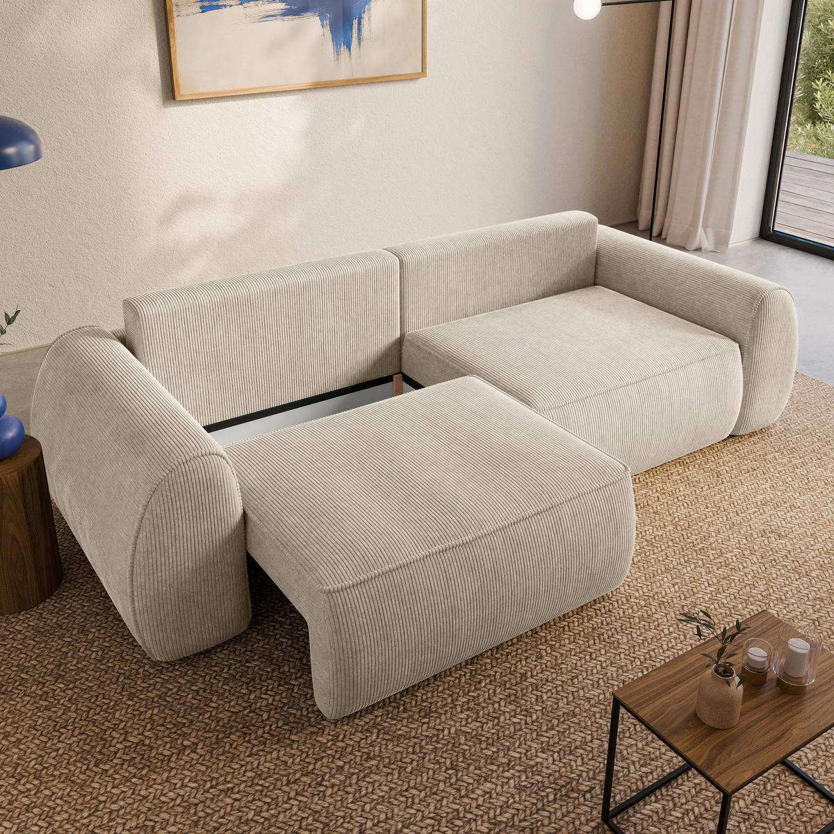 BETTSOFA ZEFEO Creme Kordstoff mit Schlaffunktion - Creme, Textil (264/96/106cm) - MASSENO