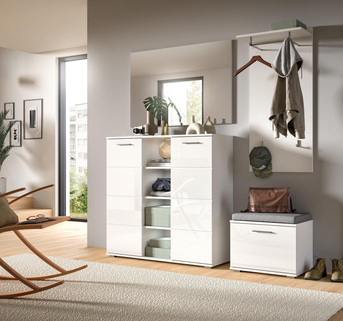 KOMMODE weiß Hochglanz 110 cm, Schuhkommode mit 10 Fächern - Weiß Hochglanz/Silberfarben, Holzwerkstoff/Kunststoff (110/107/37cm) - Inn.Furn