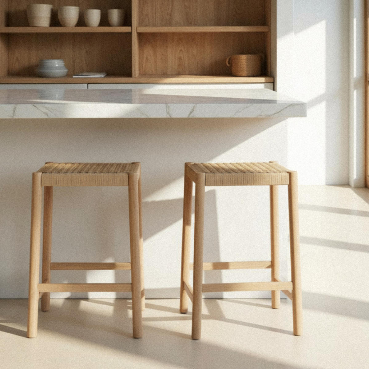 BARHOCKER aus geflochtener Kordel und Holz, H75 cm - Paolo - Klares Holz - Eschefarben, Holz (47/65/37cm) - Drawer