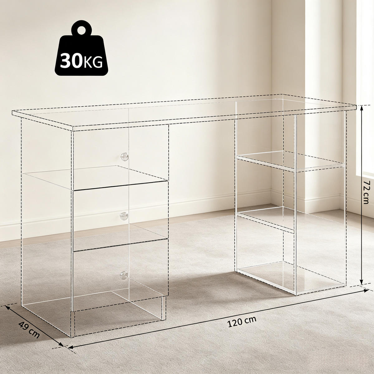 SCHREIBTISCH 120 x 49 x 72 cm mit 3 Schubladen - Weiß, Holzwerkstoff (49/120/72cm) - Gisaae