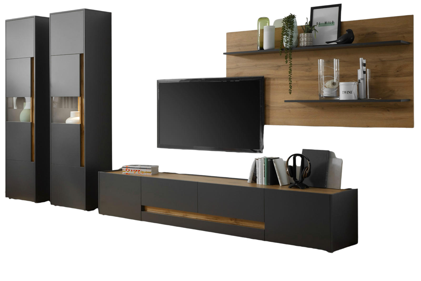 WOHNWAND 4-teilig grau matt, Eiche Wotan 400 cm, Kombination mit XL-TV-Schrank - Eiche Wotan/Grau, Glas/Holz (400/197/45cm) - Furn.Design