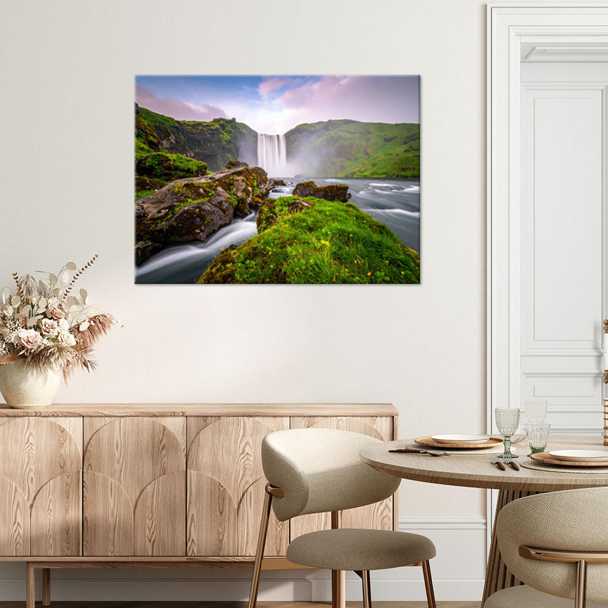 LEINWANDBILD Landschaft Wasserfall Berge Natur 120x80cm - Grün, Textil (120/80cm) - Feeby