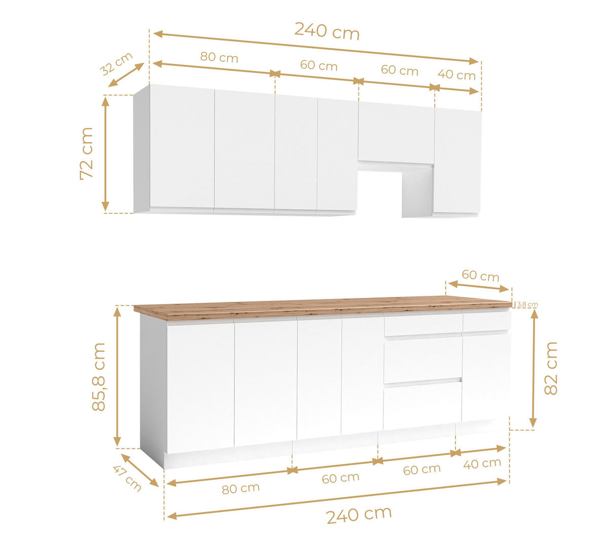 KÜCHENLEERBLOCK Aquileia 240 cm Weiß Matt mit Arbeitsplatte Eiche Artisan - Weiß/Eiche Artisan, Holzwerkstoff (240/157.8/60cm) - AX Living
