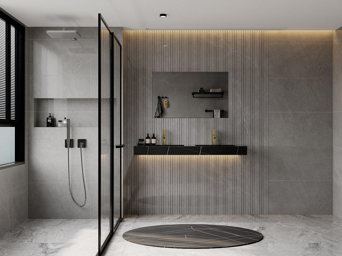 DOPPEL-WASCHBECKEN hängend - 120,2 x 45,2 x 8 cm - Solid Surface - Marmor-Optik Schwarz - TAKOTNA - Schwarz, Stein (120.2/8/45.2cm) - Vente-Unique