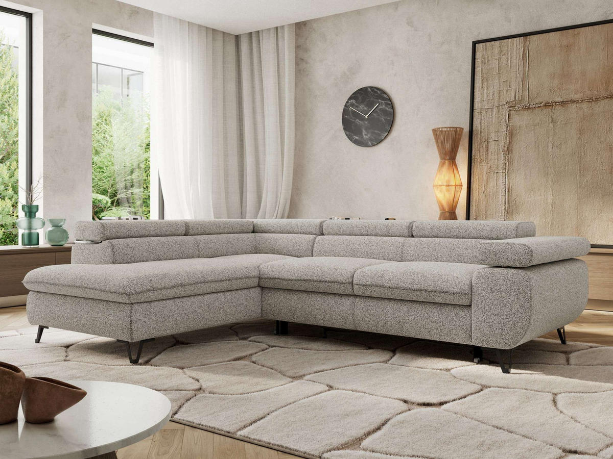 ECKSOFA PABLO L Hellgrau Struktur - Links Seite mit T25 Topper - Hellgrau/Schwarz, Textil/Metall (208/273cm) - MKS