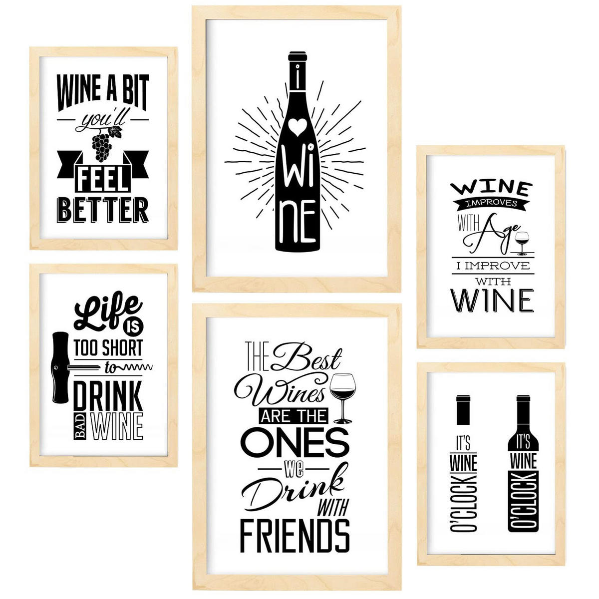 POSTER Set Mit 6 Weinästhetik Größe A3 & A4 Rahmen aus hellem Holz - Beige, Papier (29.7/1cm) - Nacnic