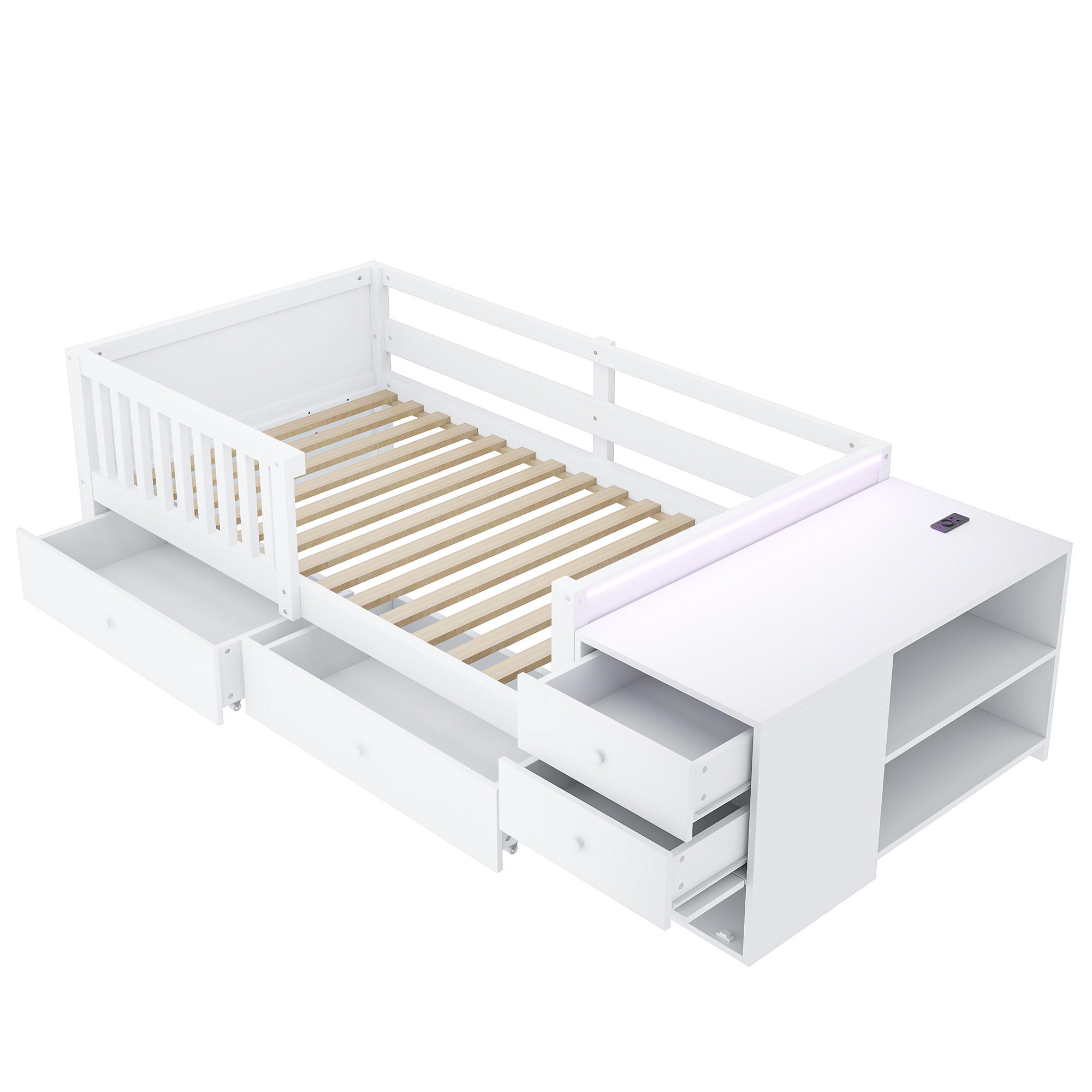 KINDERBETT 90/200 cm DE-32653 mit Doppelschubladen und LED Weiß - Weiß, Holz (90/200cm) - ComfortXL