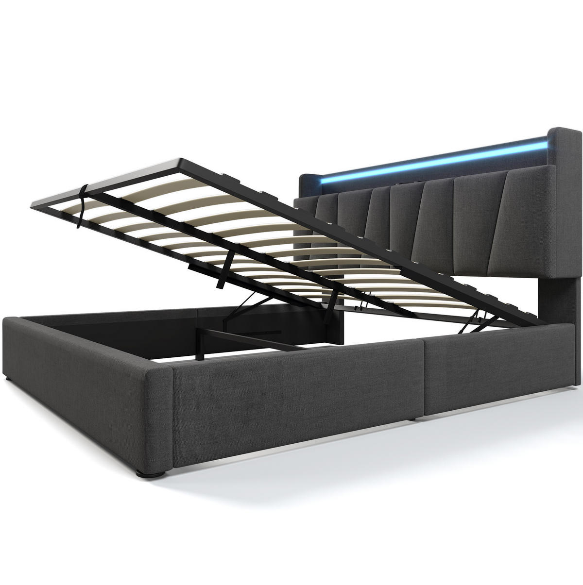 OBLAZINJENA postelja 160/200 cm z LED osvetlitvijo, USB, vtičnicami in shranjevanjem, Siva - siva, tekstil (160/160cm) - Redom