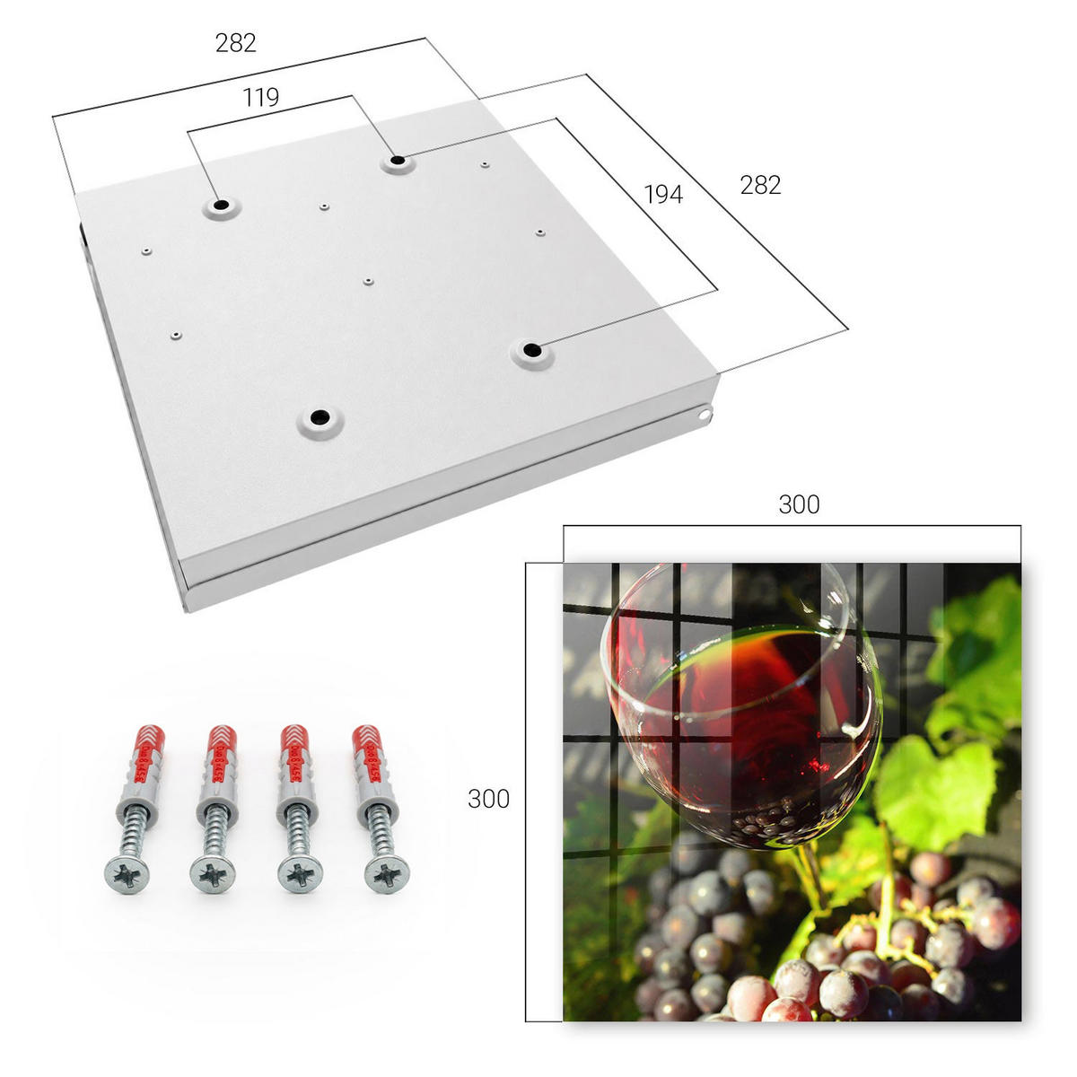 SCHLÜSSELBOX Weiß 30x30 cm – Türöffnung nach rechts - Trauben und Wein - Rot, Metall (30/30/5cm) - TULUP