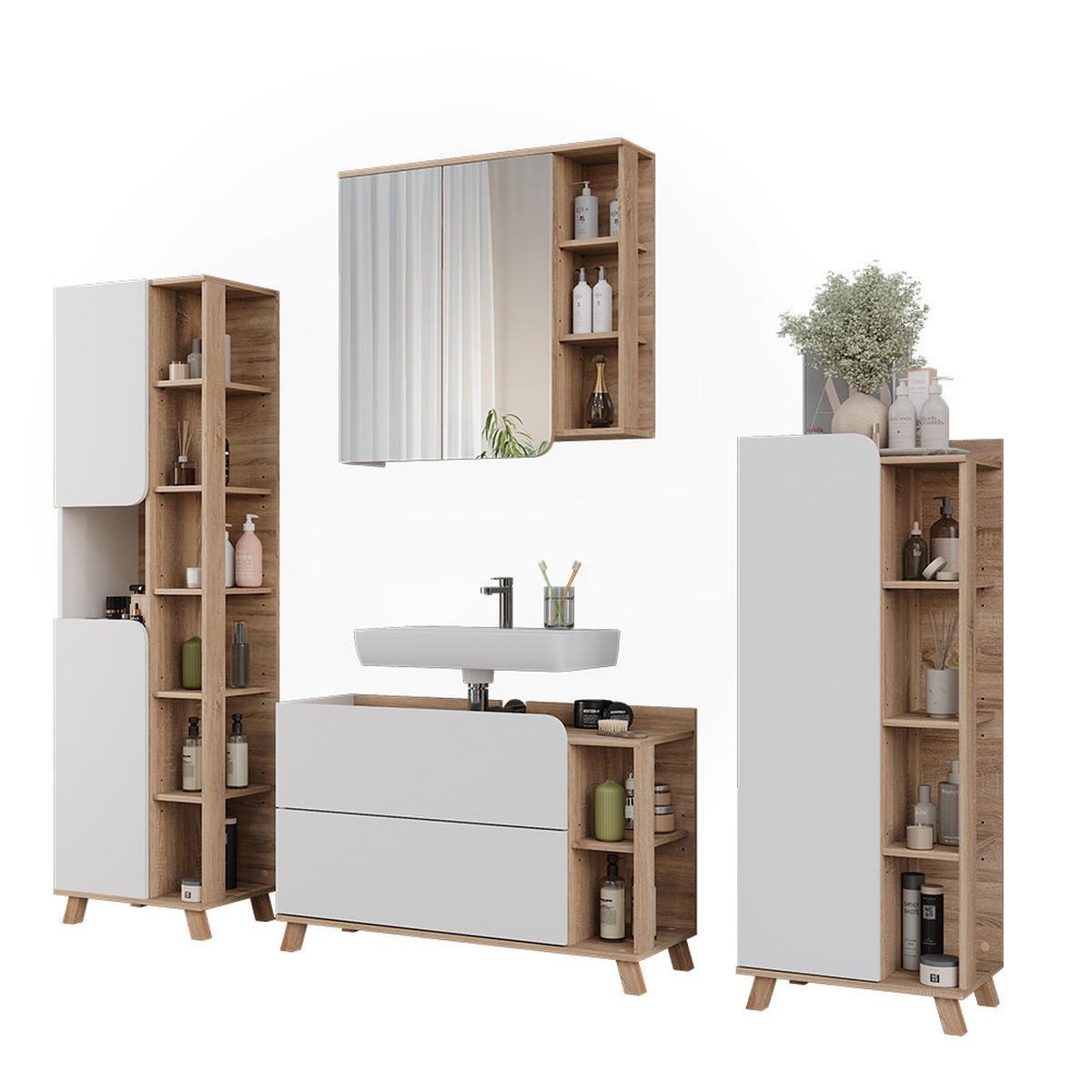 BADMÖBEL-SET Karen Sonoma/Weiß 4 Teile - Weiß/Sonoma Eiche, Holzwerkstoff (100/65/35cm) - Vicco